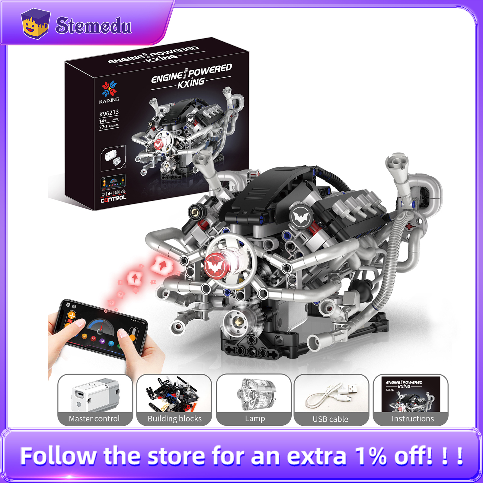 Model Kit V8 Engine - K96213 770pcs V8 Engine Model Bricks