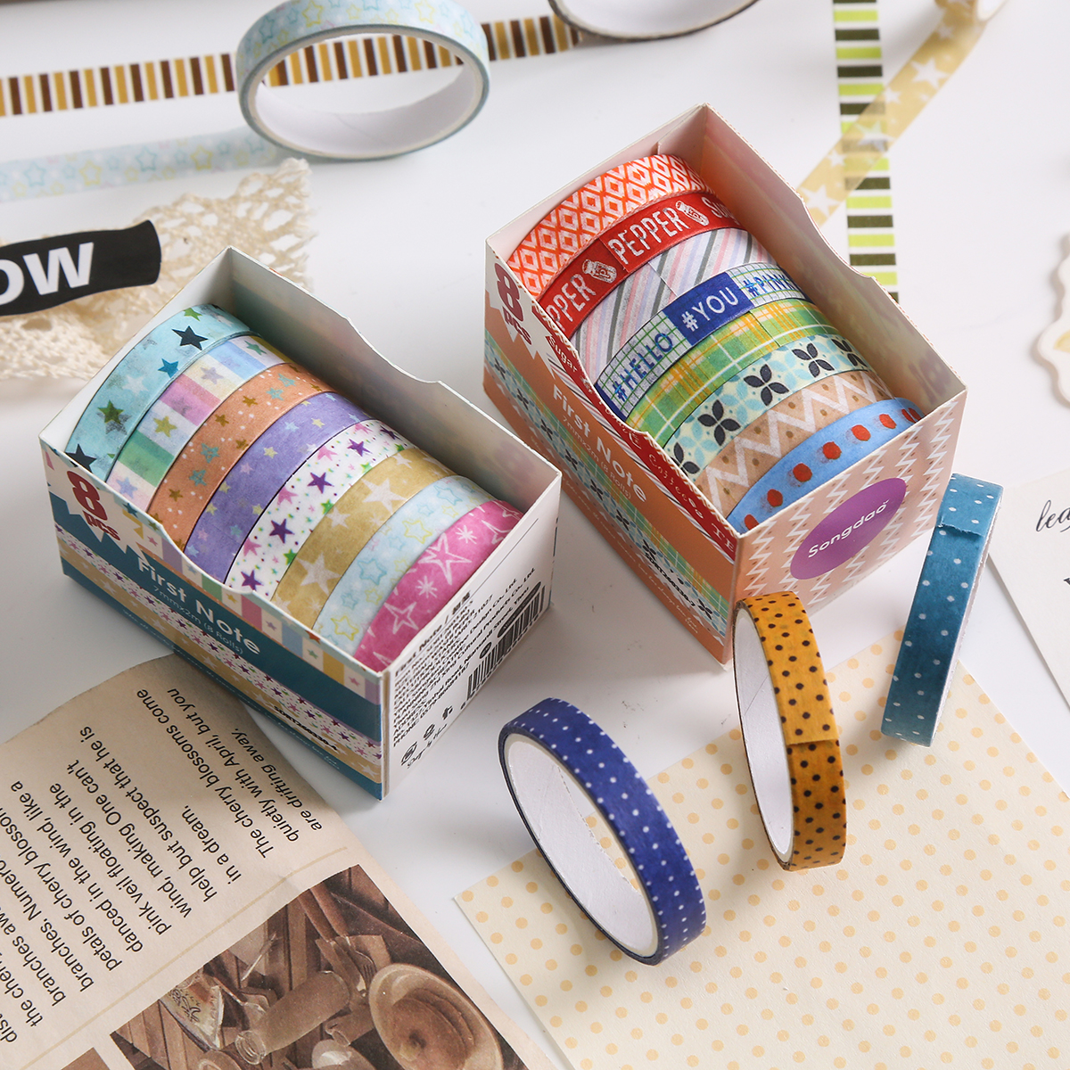 8 Rolls Retro Patterned Washi  - Masking Tape Thin のレビューと価格